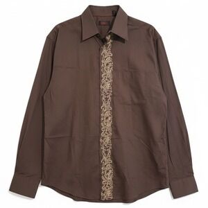 Contigo Long Sleeve Button Down Shirt, Brown Gold Embroidered Scroll,‎ Men's